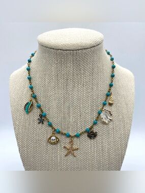 Blue Gold Beaded Necklace Beach Charms Boho Y2K Summer Preppy Eclectic Festival